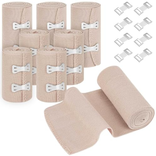 Fefod 8 stycken Elastisk bandage med 24 metallclips (7,5 cm x 4,5 m + 10 cm x 4,5 m) | Sportbandage universellt bandage kompressionsbinda elastiskt band, sträckt fixeringsbindel för ankelstöd armben eller