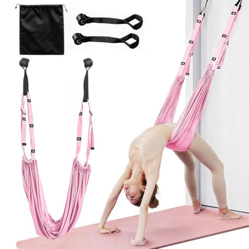 BIZOI Aerial Yoga Swing Strap for Stretching, Aerial Yoga Rope for Back Pain, Adjustable Leg Stretcher and Backbend Assist Trainer, Hammock Swing Stretching Strap for Gymnastics Dance Ballet (Pink)