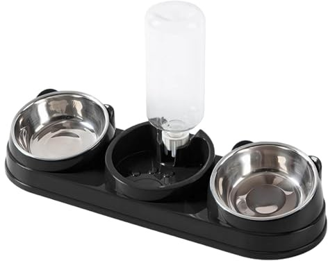 Triple Cat Bowls Pet Feeder with Water Dispenser 15 Elevated Cat Dish Food and Water Bowls Set for Small Indoor Use (Black, One Size)