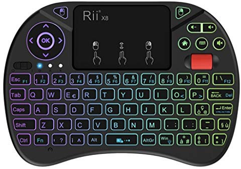 Rii Mini X8 Wireless + Cavo OTG F1 - Mini Tastiera retroilluminata con Mouse touchpad e rotellina di Scorrimento per Amazon Fire TV, Smart TV, TV Box, Mini PC, Playstation, Xbox, Computer