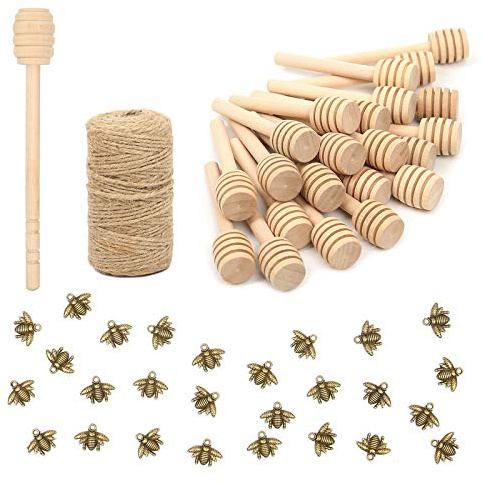 50 Pack 3 Inch Mini Wood Honey Dipper Sticks Set,Honey Stirrer Honey Wand for Honey Jar Dispense Drizzle Honey, 50 Pieces Honeybee Charm Pendants with Jute Rope for Honey Jar DIY Crafts