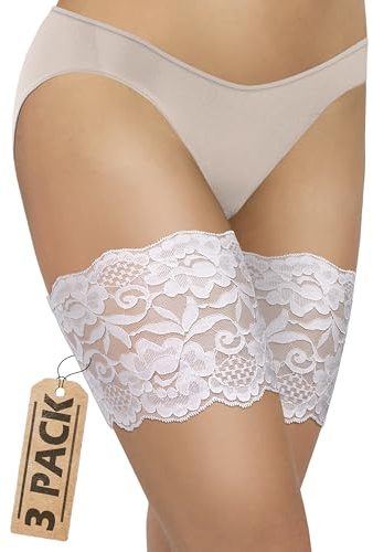 Sesto Senso 3 Pares Cordón y Sexys Bandas Femeninas para los Muslos Contra Rozaduras con Bandas de silicona de soporte en el interior Blanco 80-85 3XL
