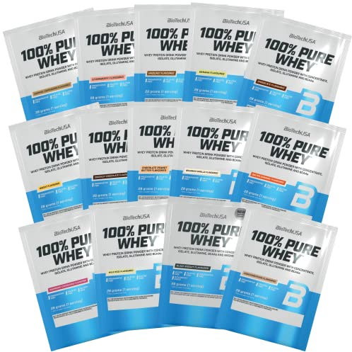 BioTechUSA 100% Pure Whey | Proteinpulver mit BCAA und Glutamin | Glutenfrei, Palmölfrei | 21g Protein pro Portion, 14 * 28g, Variety Pack