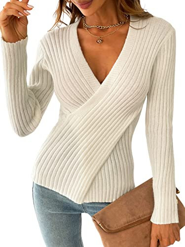 CUPSHE Damen Strickpullover Wickel V-Ausschnitt Langarm Cross Pulli Wickelshirts Oberteile Tunika Tops Cremeweiß L