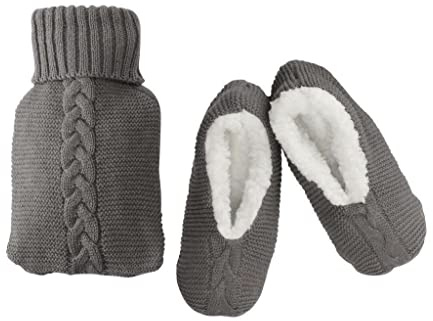 ADEPTNA Warm Comfortable Hot Water Bottle and Slipper Gift Set - 1L Hot Water Bottle with Cosy Cable Knitted Cover