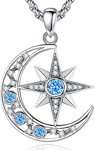 EUDORA Harmony Ball Mond und Stern Kette für Damen Sterling Silber 925, Luna Nordstern Halskette Amulett Anhänger, Stern Mond Schmuck Personalisierte Geschenk für Frauen Mädchen, Kette 50cm+5cm