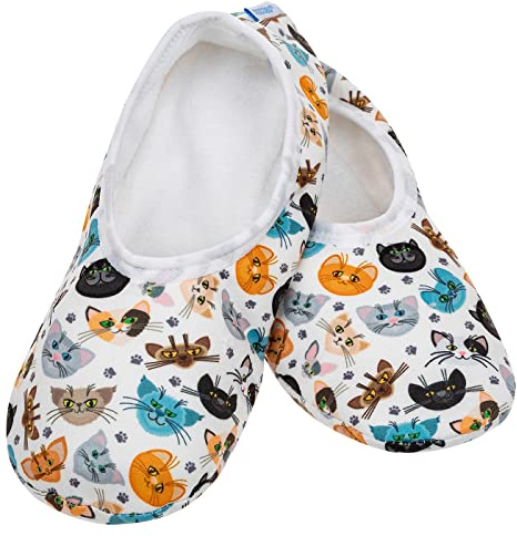 Snoozies! Travel Skinnies Animal Designs Super Soft Womens Slippers with Non-Slip Sole - Ladies sizes from 3-7 (Cats, large)