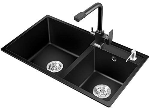 Appareils de bain Cuisine Évier Noir Lavabo Vaisselle Nettoyage Évier Double Bac Lavabo Salle De Bains Lavabo Fruits Nettoyage Piscine Brosse Bol Évier Évier En Pierre De Quartz Double Bol (Noir 72cm)