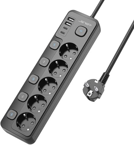 JSVER Multiprise USB avec Interrupteurs individuels,Multiprise avec 5 Prises et 2 USB A,2 USB,Bloc Multiprises (3680W 16A) USB avec Cable 2m pour Smartphone Tablette- Noir