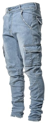 Pantaloni da moto da uomo, jeans da lavoro slim fit con tasche ulti, pantaloni in denim da lavoro resistenti, pantaloni slim fit, pantaloni elasticizzati da strada, pantaloni casual in denim, Blu, M