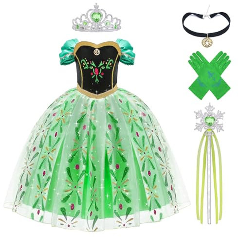 Aomig Elsa kostym, 5 st Anna Princess Dress Up för tjejer, Elsa Princess kostym med Fairy Wand, Crown Tiara, Handskar, Halsband, Fancy Dress för Cosplay Party Halloween Jul Rollspel Maskerad