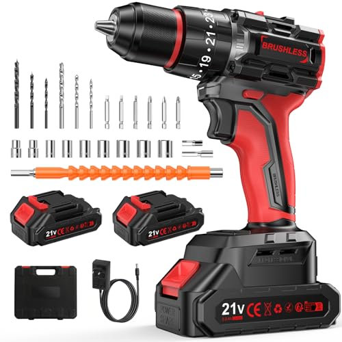 Brushless Trapano Avvitatore Batteria 21V, Avvitatore a Batteria Senza Spazzole, Trapano a Batteria Trapano Avvitatore a Percussione con 2 Batterie da 2.0Ah, 55Nm Max, 25+3 Coppia