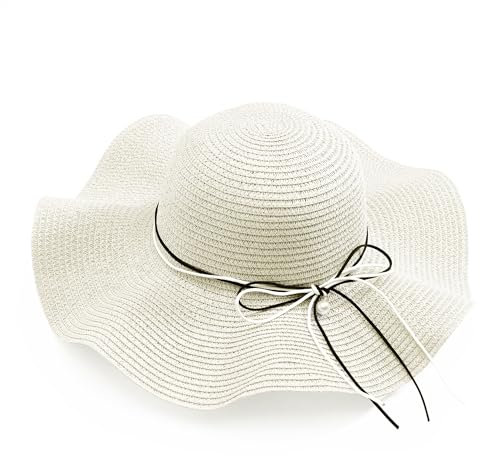 JJDreams Damen Boho Strohhut Faltbarer Sonnenhut Strandhut Sommerhut mit Breite Krempe Schleife für Reise Urlaub und Strand,Weiße Sommermütze