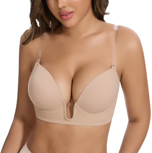 JOYSHAPER Women's Deep U Plunge Bras Low Cut Push Up Bra Underwired Convertible Backless Bras Plunge Wedding Dress Nude XL
