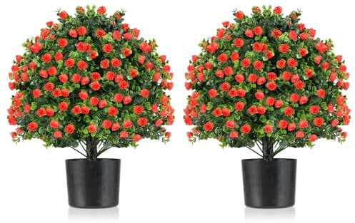 COSTWAY Set of 1/2 Artificial Boxwood Topiary Ball Tree, Faux Shrub Bushes with Flowers and Plastic Nursery Pot, Fake Decorative Greenery Plants for Indoor Outdoor (2, Red Rose)