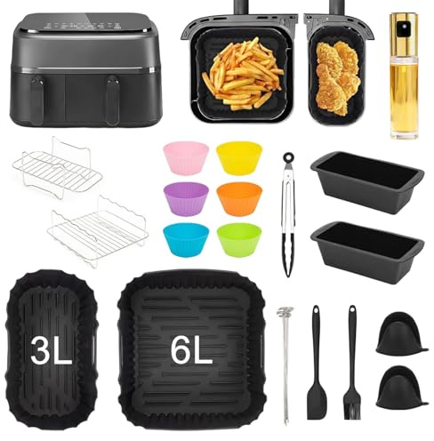 Airfryer tillbehör för Philips Dual Basket Airfryer 3000-serien NA350, varmluftsfritös tillbehör inklusive glas oljespray, silikonformar, grillgaller, bakplåtspapper, brödformar, kökstång, osv