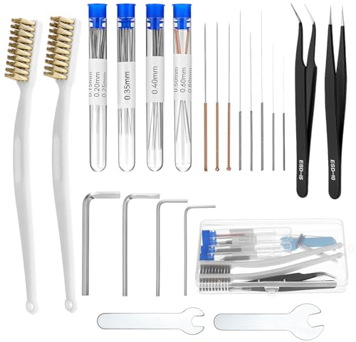 QWORK Kit de 48 aiguilles de nettoyage pour buses d'imprimante 3D, aiguilles de 0.15 à 0.8mm, brosse métallique en laiton, clé et pincettes