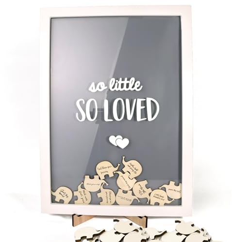 Ligtmor Libro degli Ospiti Baby Shower e Battesimo - Cornice in Legno con 20 Elefanti in Legno per Dediche, Quadro di Firme Alternativo con Cornice Foto per Neonato e Decorazione Cameretta (30x42 cm)