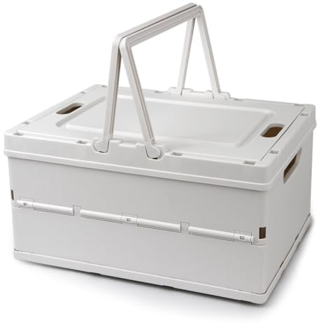 Vivikivi Collapsible Storage Crate,Plastic Storage Box, White | Stackable Collapsible Storage Box with Lid, Folding Plastic Basket with Handle for Home Kitchen Office Desk Cabinet Shelf