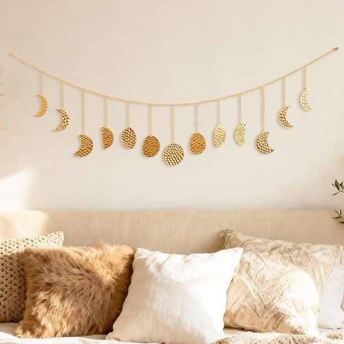 opulinea Moon Phase Wall Decor - Gold Metal Wall Art for Bedroom, Bohemian Celestial Christmas Ornaments and Ceiling Decor, Modern Boho Room Decor, Gift for Women & Kids
