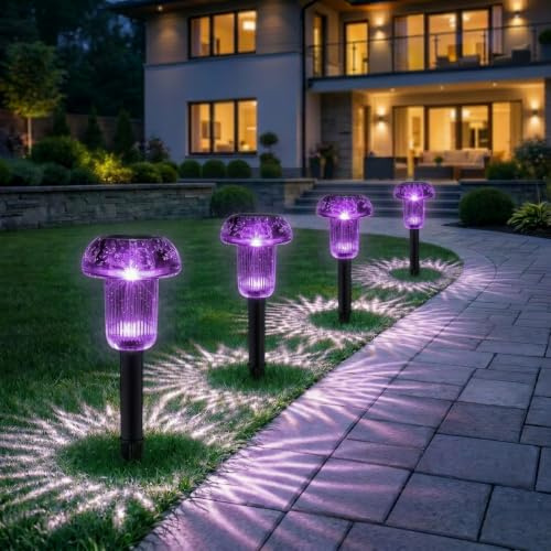 Xarizon Purple Mushroom Solar Garden Lights, Outdoor, 4 Pack | Waterproof Solar Pathway & Stake Lights with Purple Mandala Projection for Fairy Gardens, Flower Beds & Garden Decor