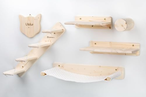 Starter Kit Percorso da Muro per Gatti in Legno di Abete PEFC, Fatto a Mano, 6 Moduli, Tiragraffi, Scaletta, Mensole, Amaca Gatto con Telo Beige Lavabile, Fino a 20kg, Percorsipergatti