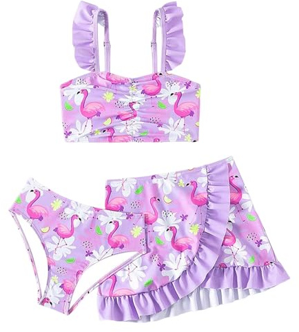 Traje de Baño de 3 Piezas para Niñas, Verano Deportivo Bañadores Conjunto de Bikini con Estampado Floral Bikinis Top y Braguitas con Falda para Playa, Piscina, Vacaciones 1-9 Años