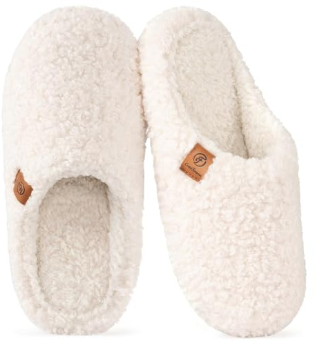 EverFoams Women's Fuzzy Slip-on Slippers Soft Comfy Memory Foam Indoor House Shoes Beige,7-8 US