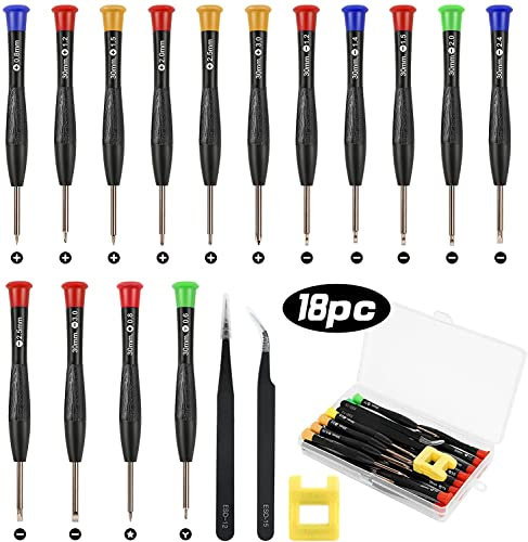 Flintronic Mini Schraubenzieher Set, 18 Stück Brillen Schraubendreher, 15 Uhrmacher Schraubendreher mit 2 Pinzette 1 Magnetisierer und Kiste, Feinschraubendreher Komme für PS4 Brillen Uhren Jeweller