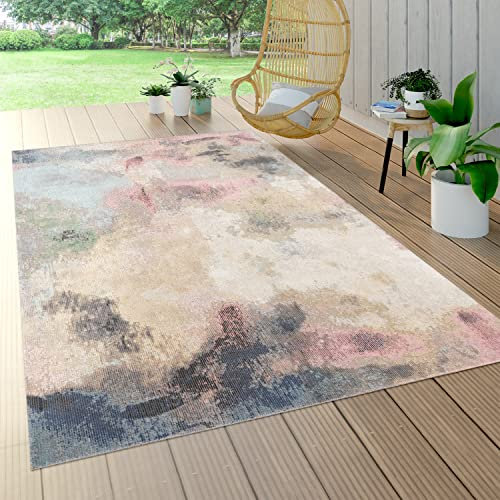 Paco Home Outdoor Teppich Wetterfest Balkon Wohnzimmer Küchenteppich Vintage Muster Pastell Abstrakt Moderne Deko Beige Rosa, Grösse:140x200 cm