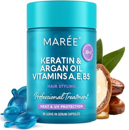 MAREE Sérum capillaire pour cheveux abîmés et abîmés, capsules d'huile de kératine hydratantes et stylisées à l'huile d'avocat, de jojoba et d'argan, sérum pour les cheveux, sans rinçage, vitamines A