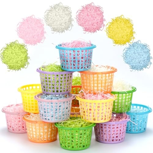Beeveer 96 Pcs Pastel Plastic Easter Baskets with 48 Plastic Easter Baskets and 48 Grass Bulk for Egg Hunts Game for Spring Theme Crafts Favors Stuffers Garden