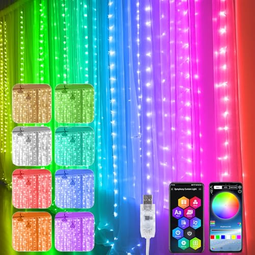YOOWARM LED Curtain Light,10ft x 10ft 300 LED RGB Christmas Lights,USB Color Changing String Fairy Lights Curtain with Smart App Control, Music Sync for Bedroom Backdrop Indoor/Outdoor,Decorations