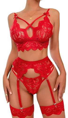 Satohom Femme Sexy Ensemble Lingerie 3 Pièces avec Porte Jarretelles Taille Haute Dentelle Florale Soutien-Gorge et Culotte Col en V Nuisettes Babydoll Dentelle Erotique Pyjamas Justaucorps