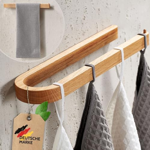 DEKAZIA® Handtuchhalter Holz Wand | Handtuchhalter ohne Bohren Holz | Handtuchstange aus nachhaltigem Eichenholz | Handtuchleiste zum Bohren oder Kleben Handtuchhalter Eiche Küchenrollenhalter