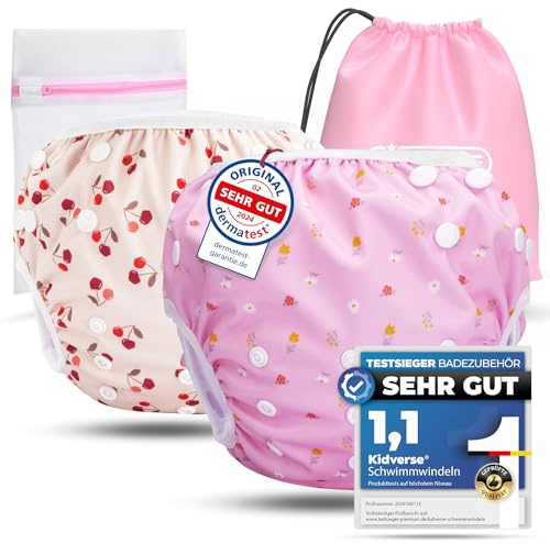 KIDVERSE 2er Set Schwimmwindel Baby 0-3 Jahre - Hautfreundliche Schwimmwindeln wiederverwendbar & saugstark - Baby Schwimmwindel mit Tasche & Wäschenetz (Kirschen & Raosa Blumen 2er)