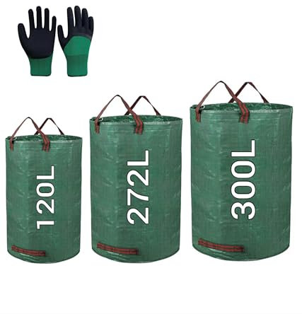 IN-OV - Lot 3 sacs de jardin professionnels, Sacs à Déchets de Jardin réutilisables (120L+272L+300L), sacs vert à feuilles, sacs à débris de jardin, sacs robustes pour feuilles + Gants de Jardinage.