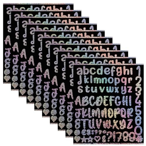 10 Sheets Glitter Letter Stickers for Stanley Cup, Shining Silver Name Vinyl Sparkly Letter Waterproof Self Adhesive Shiny Alphabet Number Decals for Tumblers Water Bottle Phone Laptop Decoration