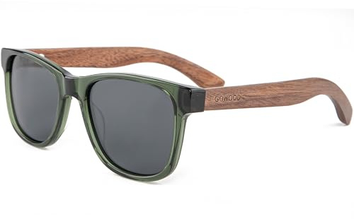 Gafas de sol de madera hombre y mujer | Patillas de madera de nogal Montura de acetato verde | Gafas oscuras con lentes Protección Polarizadas UV400 (Negro)