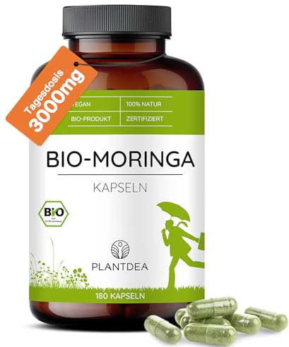PlantDEA Bio Moringa Kapseln I 3000mg Tagesdosis I 180 Moringa-Kapseln hochdosiert I laborgeprüft I Bio Moringa Pulver I veganes Moringa-Präparat I Ohne Zusätze