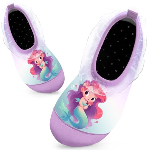 Kids Swim Water Shoes for Girls Toddlers Baby Aqua Socks for Kids Quick Dry Pool Beach Barefoot Children（Purple Mermaids 30/31