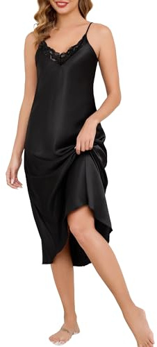 Vlazom Sottoveste Donna Raso Lungo Camicie da Notte da Donna in Pizzo con Scollo a V Senza Maniche Spallacci Regolabili Nightwear，Nero，S