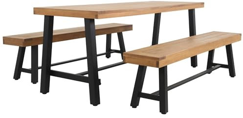 METRO Professional Conjunto de Mesa y Bancos de Exterior, Juego de Muebles de Jardín de 3 Piezas, 1 Mesa de Cerveza 220 x 70 cm, 2 Bancos 180 x 31 cm, Marrón/Negro
