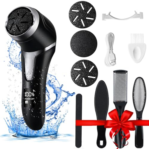 zikillya® Electric Callus Remover for Feet (with Dander Vacuum Cleaner)，Portable Rechargeable Quartz Pedicure Tools for feet，Waterproof Foot Scrubber，3Heads & 2Speed, LCD Display