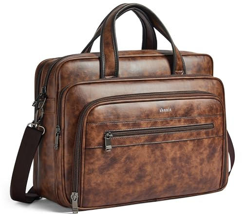 Shrrie läder messengerväska för män och kvinnor 17 tums läder laptopväska, vattentät stor axel Satchel kontor, arbete, Tvåfärgad brun, M