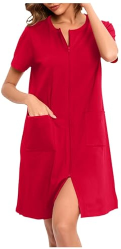 Zanisouta Albornoz de gofre para mujer, vestido maxi de punto, bata de verano con cremallera, manga 3/4, ropa de salón, vestido de casa ligero, cómodo, largo hasta la rodilla, bolsillos, pijama