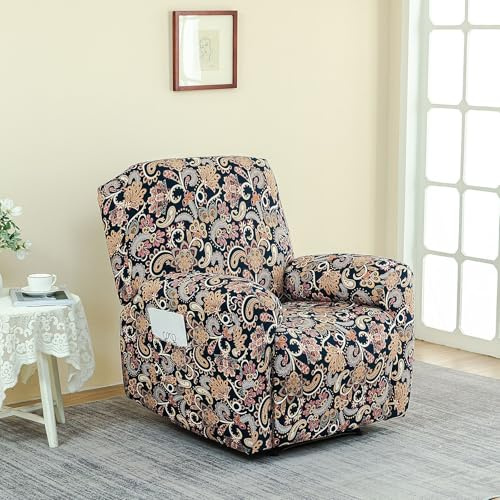 IQMALNTYT Stretch 1 Seater Recliner Chair Cover 4 Pieces, Floral Recliner Sofa Slipcovers Soft Non Slip Armchair Covers Electric Chairs Furniture Protector (Baroque)