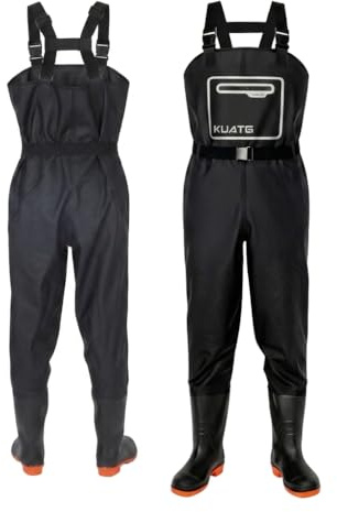 HoldOneLight Wasserdichte Ganzkörper Wathose aus PVC-Polyester, Schwarz, mit Stiefeln, Atmungsaktiv, für Angeln, Baustellen und Bauernhöfe Angel- und Jagdstiefel für Herren (2XL, 44 EU)