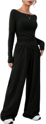DURINM Chándal de dos piezas para mujer otoño traje de manga Invierno Punto Mujer Conjunto de Salón de Manga Larga Color Sólido Conjunto Vestir con bolsillos