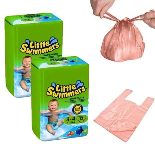 Swim Nappies Size 3-4, with Nappy Bags for Swim Nappy, Little Swimmers, Disposible Swimming Nappies for Babies (7-15kg) x 24 - Waterproof Nappies Great for Summer, Indoor, Outdoors Pools